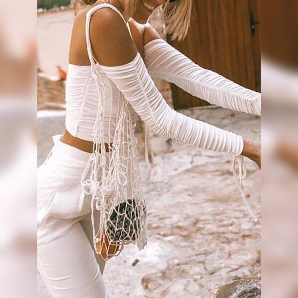 White Off-Shoulder Ruched Long Sleeve Crop Top | Tie Front | Flirty Fitted - Picture 4 of 5